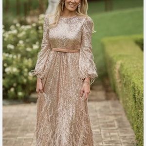 Nicola Bathie for Antonio Melani Nicola Sequin Long Sleeve Belted Feather dress